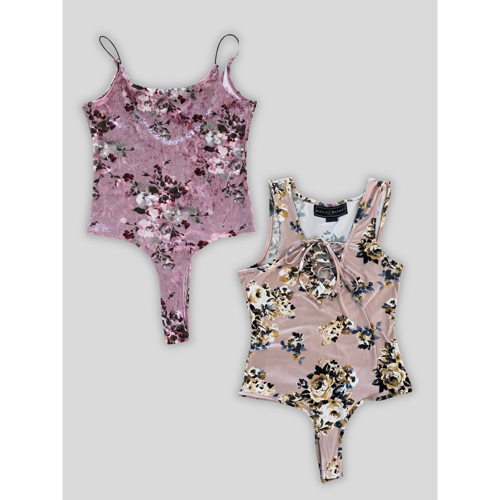 Polly & Esther Pink Floral Bodysuit 2-Pc Bundle Velvet Feel & Lace-Up